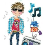 Стильный парень в очках и с магнитофоном