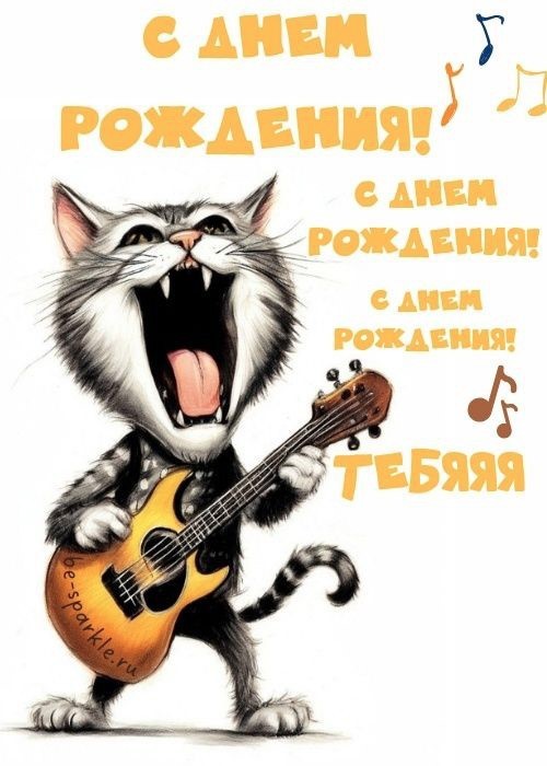 Открытка с Днем рождения 690 Кот орет и играет на гитаре