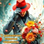 Мужчина в красной шляпе с букетом цветов