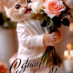 Милый котик с букетом роз