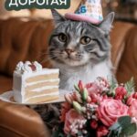 Кот с тортом и цветами поздравляет с днем рождения