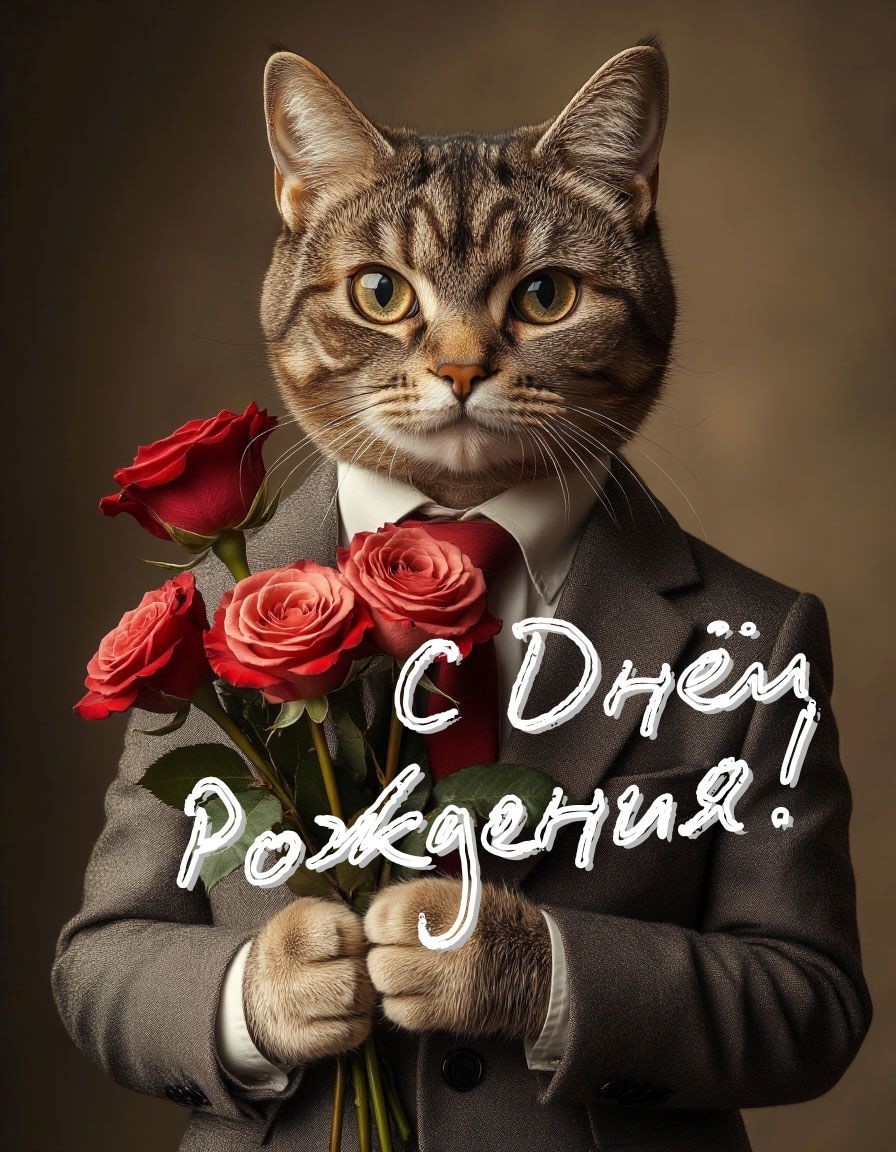 Кот в пиджаке с розами в руках